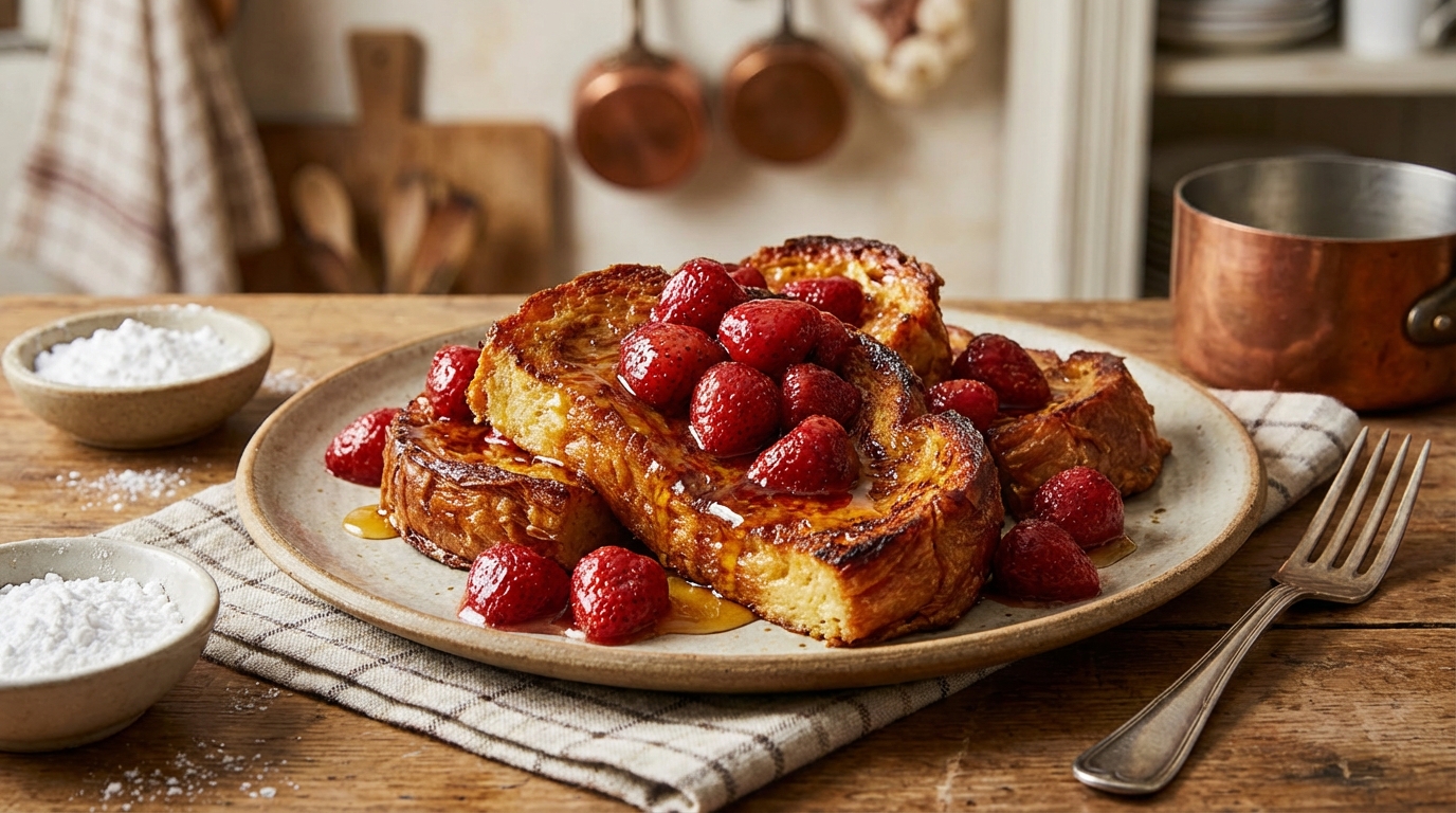 Ce passage au four que personne ne tente avec les fraises d&rsquo;avril donne un pain perdu croustillant comme jamais