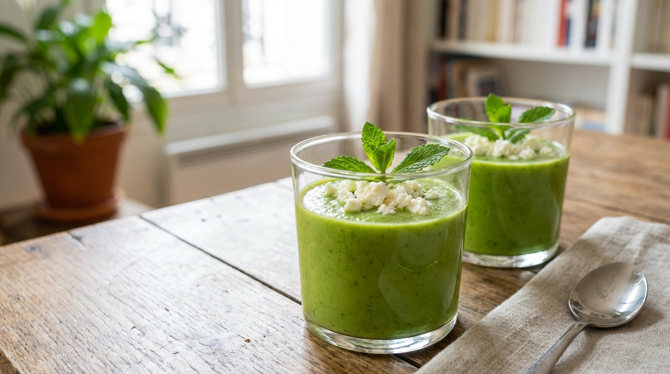 « Impossible de deviner ce qu&rsquo;il y a dessus » : ce velouté vert glacé en verrines cache un topping qui change absolument tout