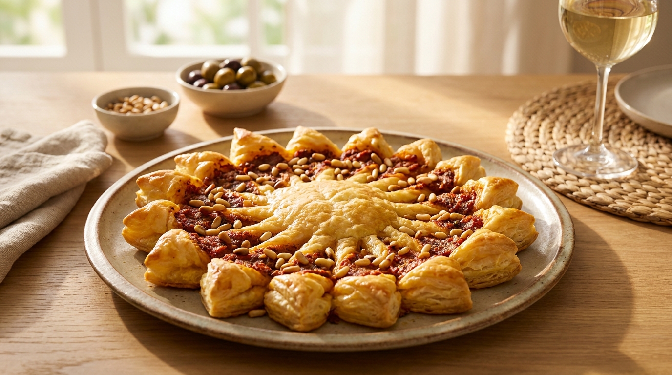 J’ai déposé cette tarte en forme de soleil sur la table de l’apéro : mes invités ont cru que je l’avais commandée chez un traiteur