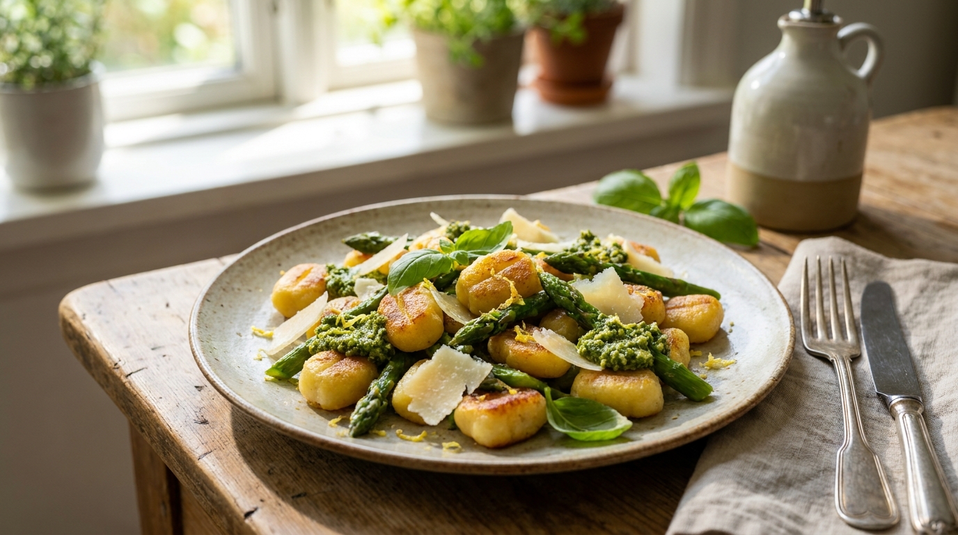 J’ai poêlé des gnocchis avec un reste d’asperges et un pesto improvisé : mes invités ont cru que j’avais commandé chez un traiteur italien