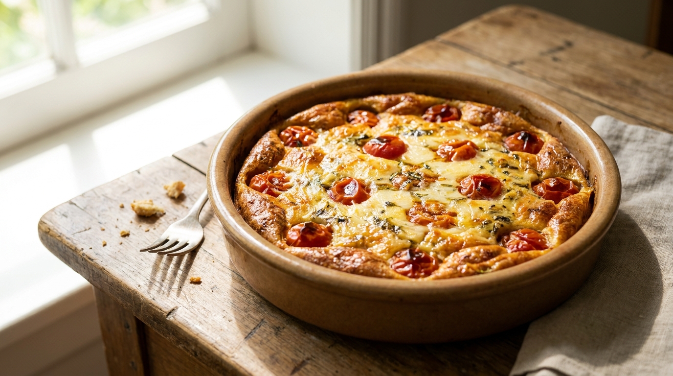 La pâte est si liquide qu’on jurerait une erreur : et pourtant ce clafoutis salé vegan aux tomates cerises sort du four gonflé, doré et fondant à couper le souffle