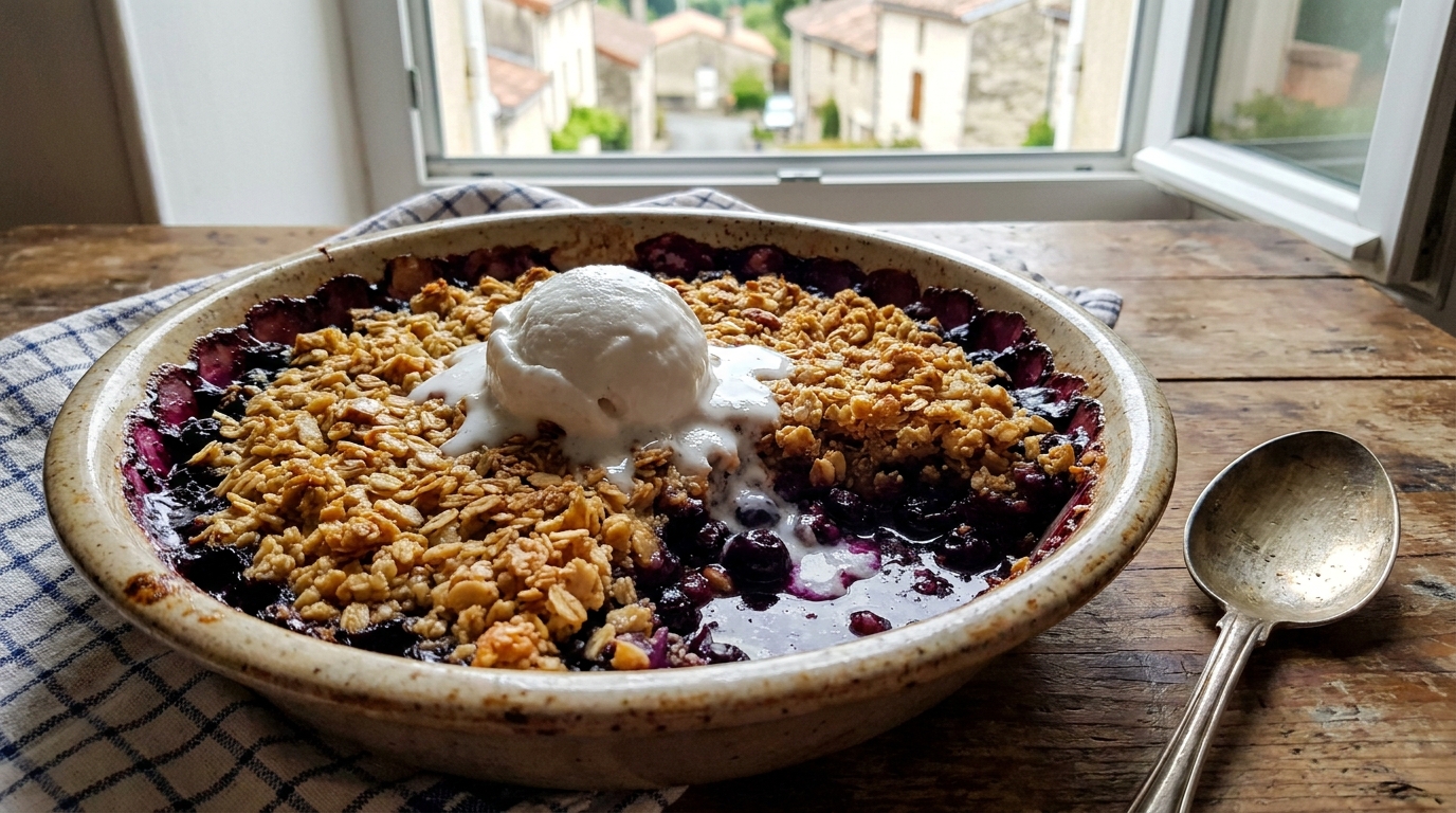 La première cuillère craque, la deuxième fond : ce crumble aux myrtilles vegan ne demande que ce que vous avez déjà dans le placard