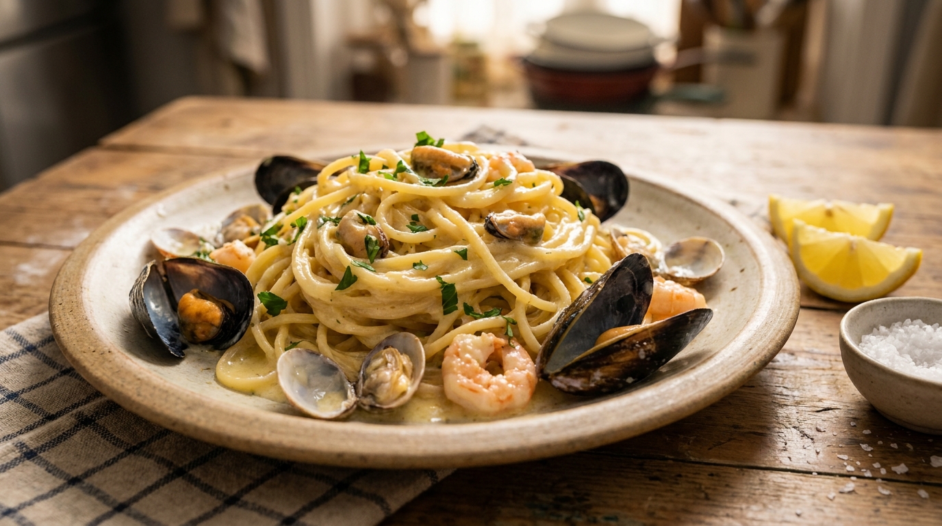 Pâtes aux fruits de mer crémeuses à l’ail et au citron : le dîner express qui sent bon les vacances