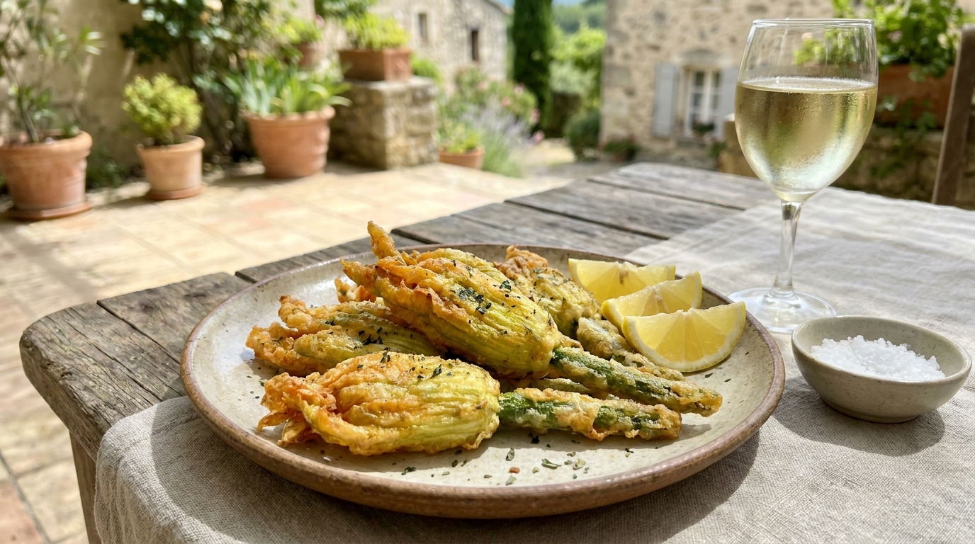 J&rsquo;ai cueilli les fleurs de mes courgettes et je les ai plongées dans une pâte légère : mes invités ont cru que je les avais achetées chez un traiteur