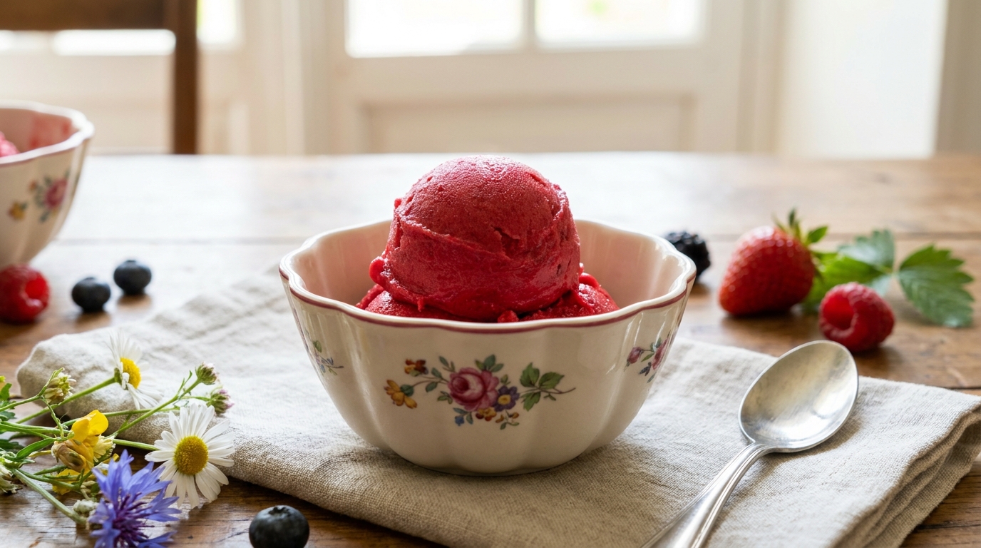 J&rsquo;ai préparé mon sorbet aux fruits rouges la veille sans sorbetière : en grattant la surface le lendemain, j&rsquo;ai compris pourquoi il était parfaitement onctueux