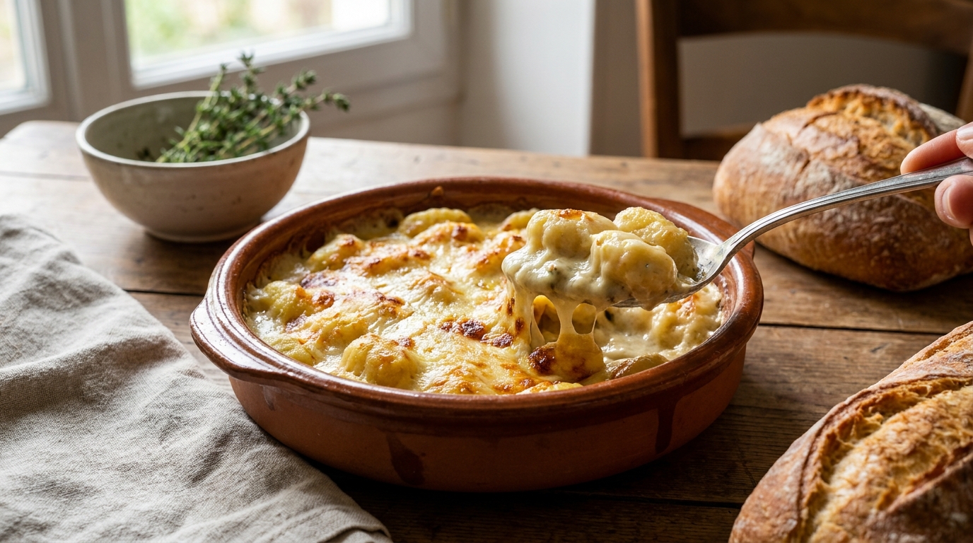 J’ai vidé des gnocchis dans un plat avec du gorgonzola vegan et mis le four à fond : quand j’ai cassé la croûte, la texture en dessous m’a fait reposer la cuillère