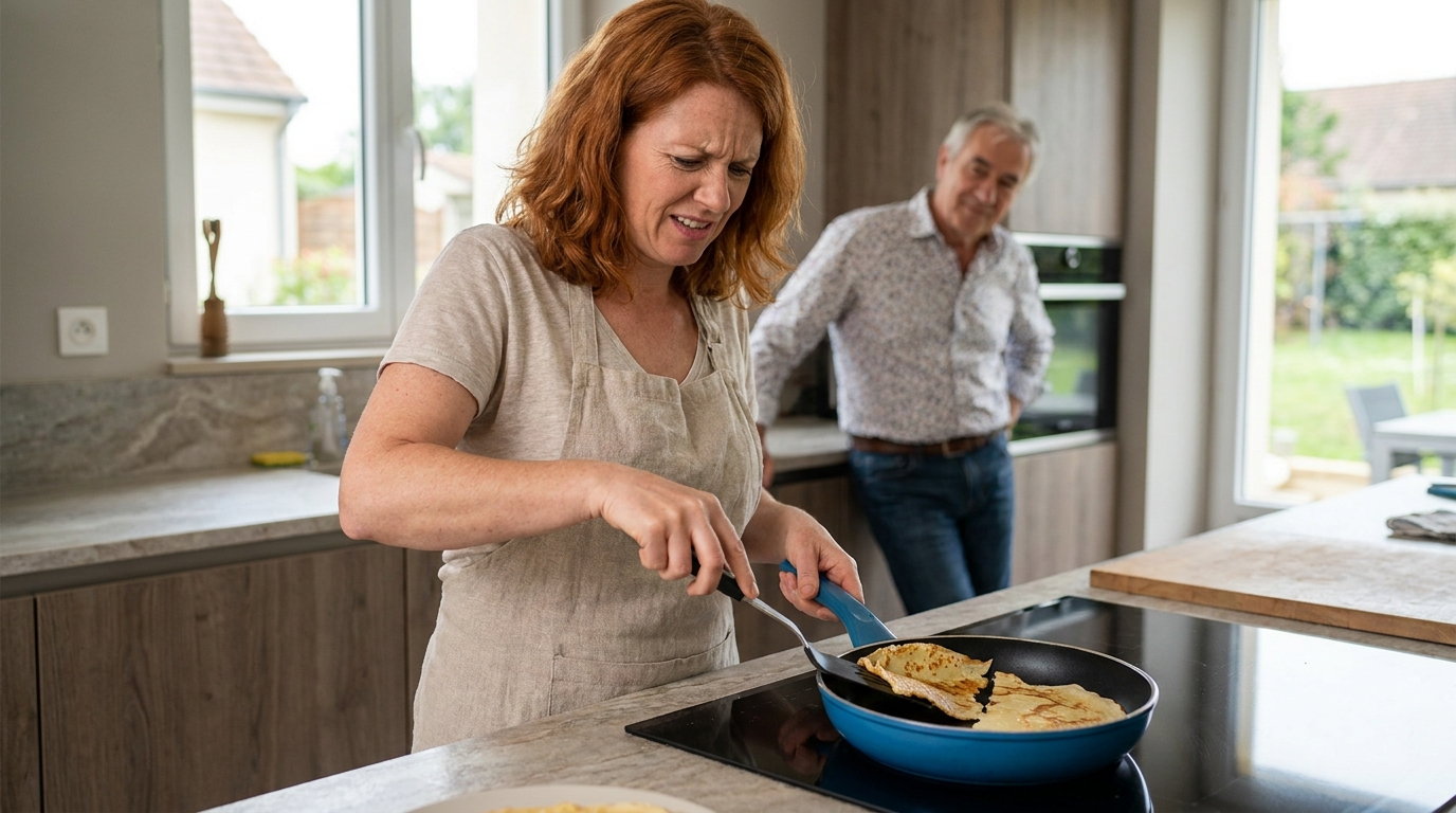Je ratais mes crêpes à chaque fois au retournement : mon oncle m’a regardé faire et a repéré le geste que je répétais depuis toujours