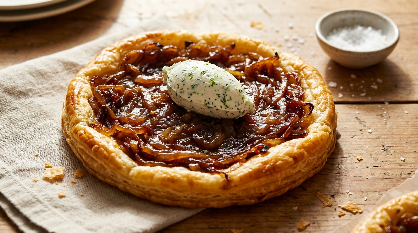 Des oignons, une pâte feuilletée et un moule à gâteau : j&rsquo;ai servi cette tarte renversée et on m&rsquo;a demandé où je l&rsquo;avais achetée
