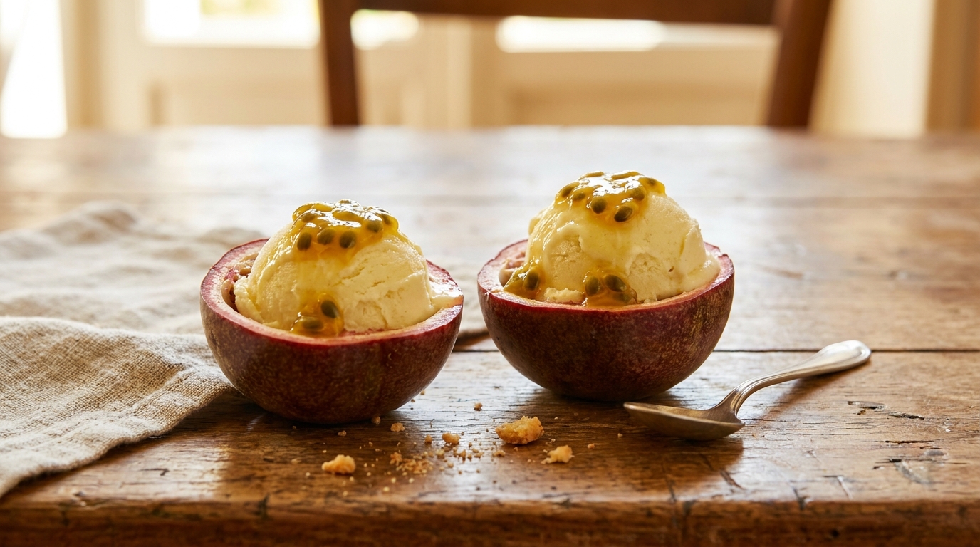 J&rsquo;ai glissé mes demi-fruits de la passion au congélateur la veille juste pour gagner du temps : la table n&rsquo;a plus parlé pendant cinq minutes