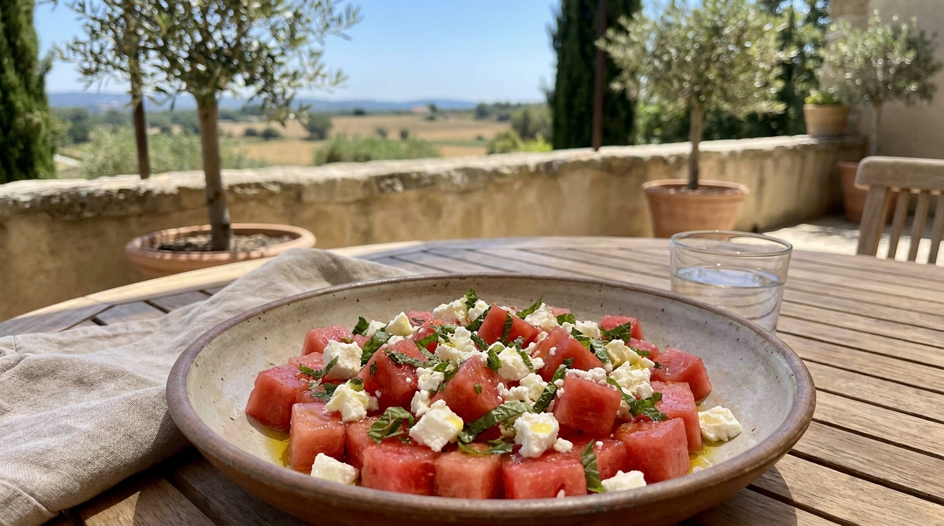 J&rsquo;ai posé des dés de pastèque à côté de la feta juste pour rafraîchir l&rsquo;apéro : ce mélange a fait disparaître toutes les autres entrées de la table