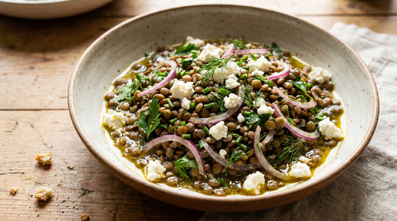 Je posais toujours les mêmes salades classiques sur la table : le jour où j&rsquo;ai apporté cette salade de lentilles au fromage frais, plus personne n&rsquo;a regardé le reste