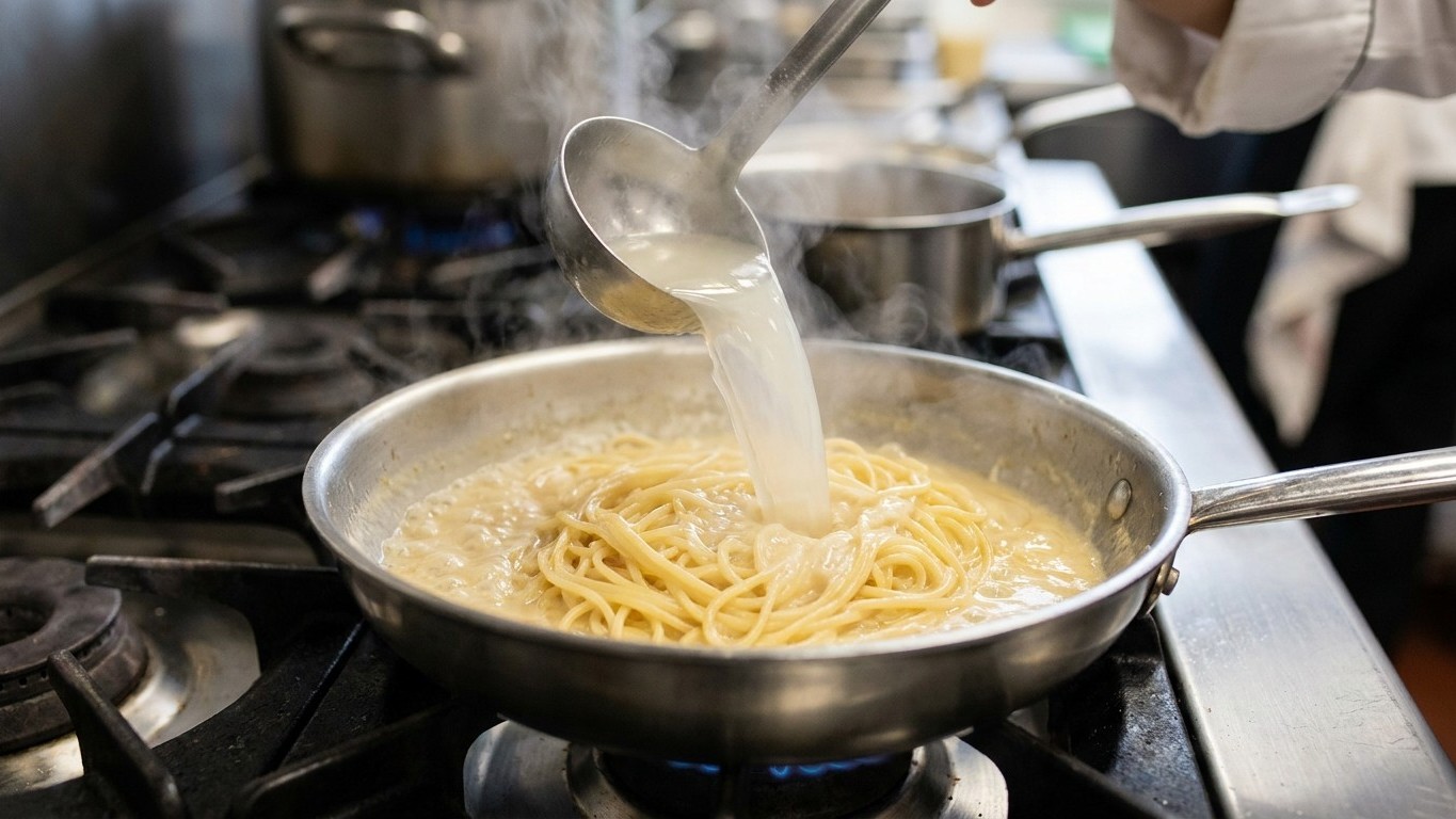 Ma voisine ne jette jamais l&rsquo;eau de cuisson de ses pâtes et ce n&rsquo;est pas pour arroser ses plantes : ce qu&rsquo;elle en verse dans sa poêle lie la sauce comme en Italie