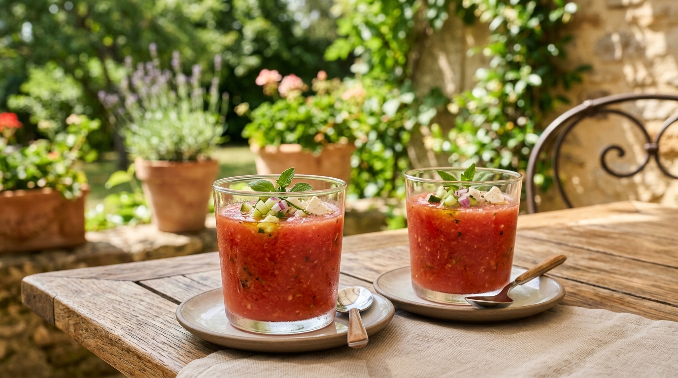 Mon maraîcher glisse toujours une tranche de pastèque dans mon panier en plein mois d&rsquo;août et ce n&rsquo;est pas pour le dessert : servie en verrines, elle a ouvert l&rsquo;apéro en beauté
