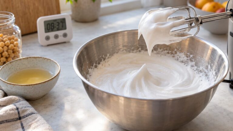 Aquafaba en neige : le temps de fouettage exact et le matériel qui change tout