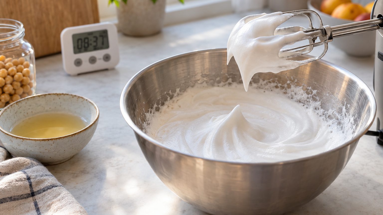 Aquafaba en neige : le temps de fouettage exact et le matériel qui change tout